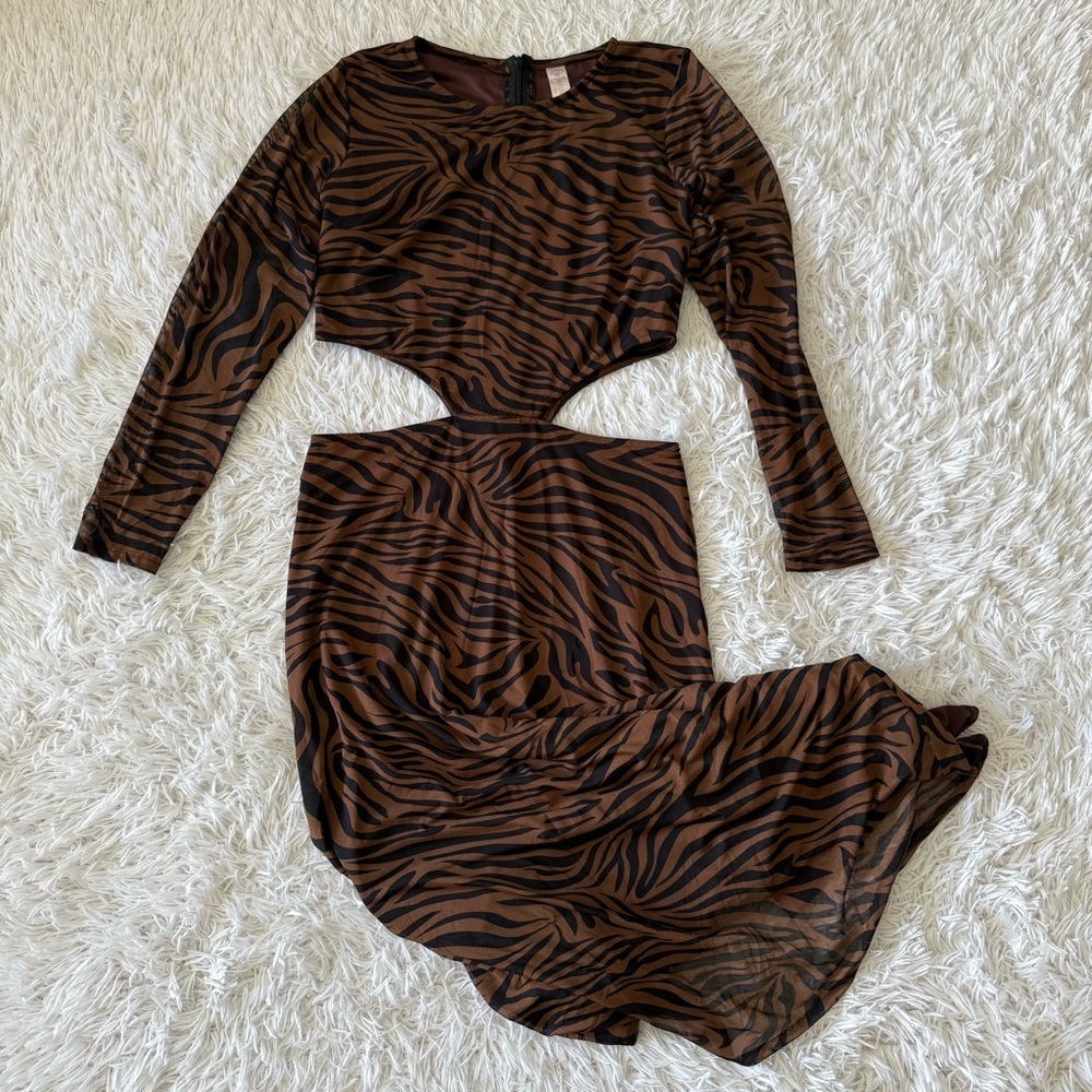 Anna Brown and Black Zebra Print Mesh Midi Cut-out Dress Size M - Picture 8 of 9